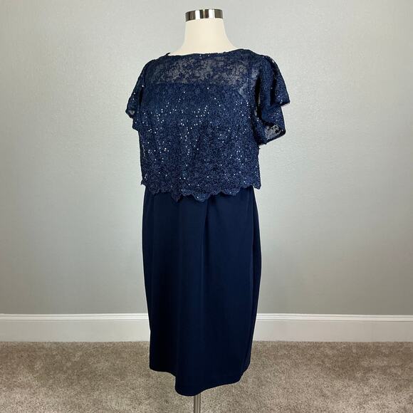 Adrianna Papell Sequined Lace Sheath Boat Neck Cocktail Dress Navy Blue Size 14W - Picture 5 of 13